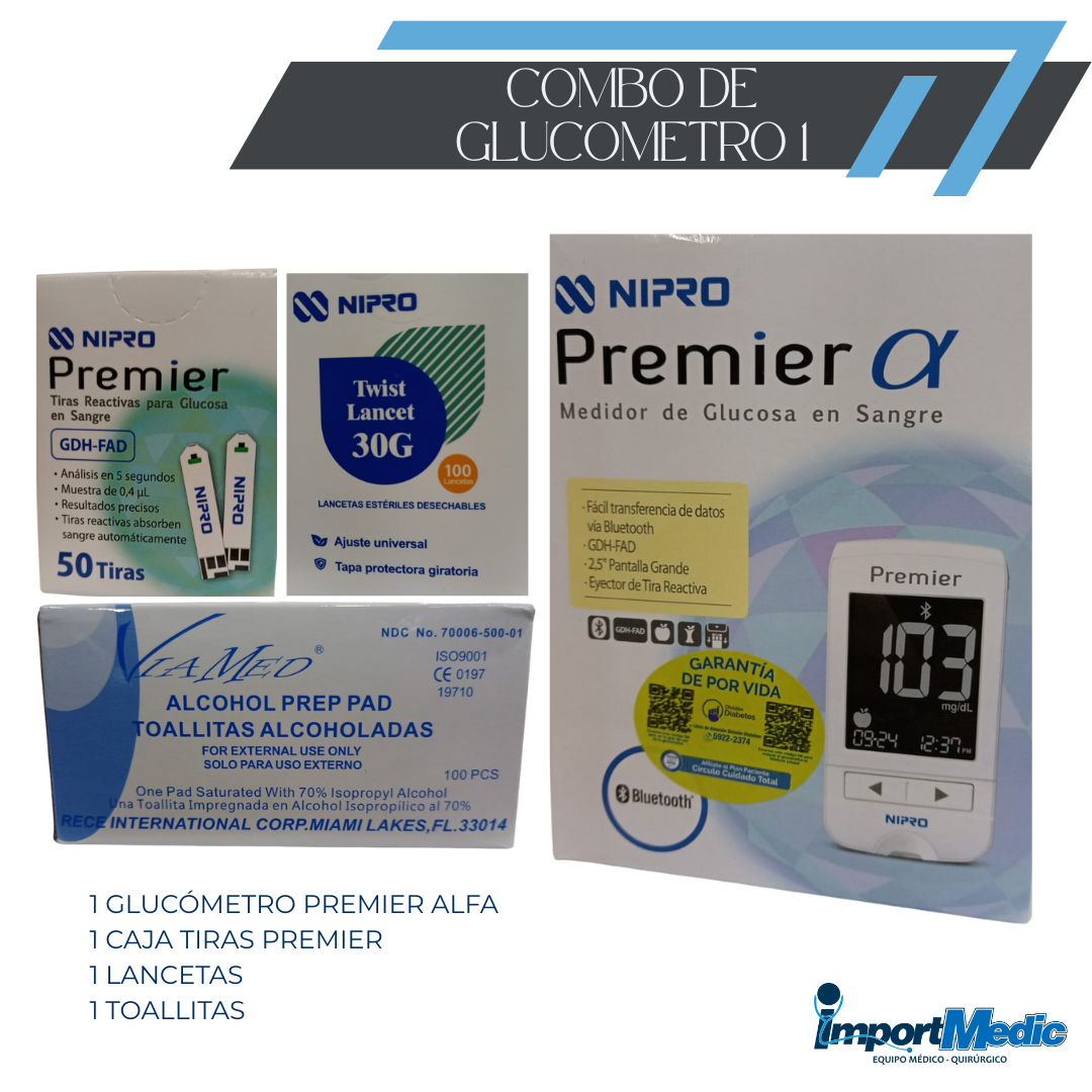 COMBO 1: GLUCÓMETRO PREMIER ALFA+1 CAJA TIRAS PREMIER+LANCETAS+TOALLITAS - Proveedora De Salud Total, Sociedad Anonima
