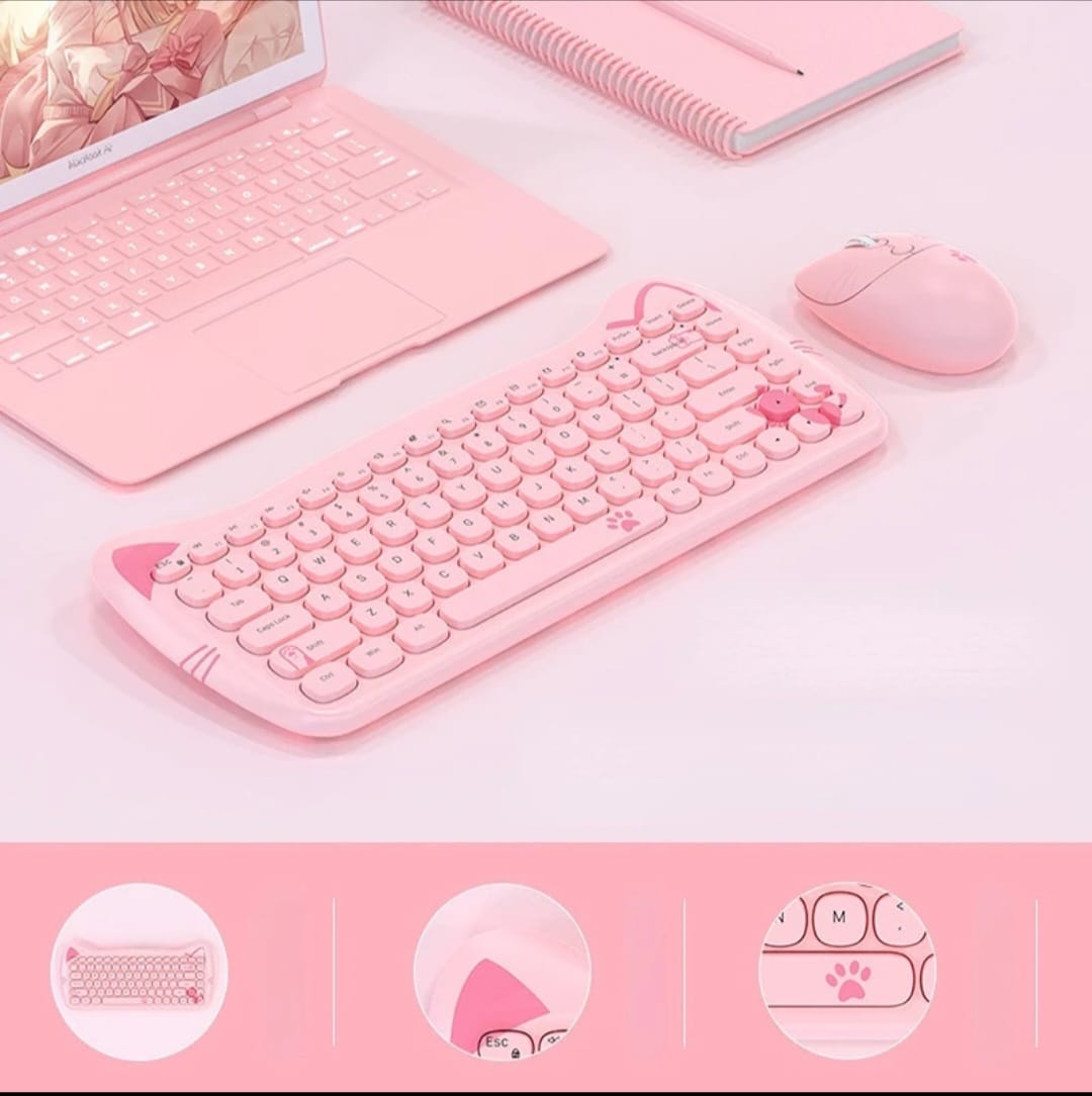 Combo teclado y mouse rosado de gato. - Mejor Resultado, S.A