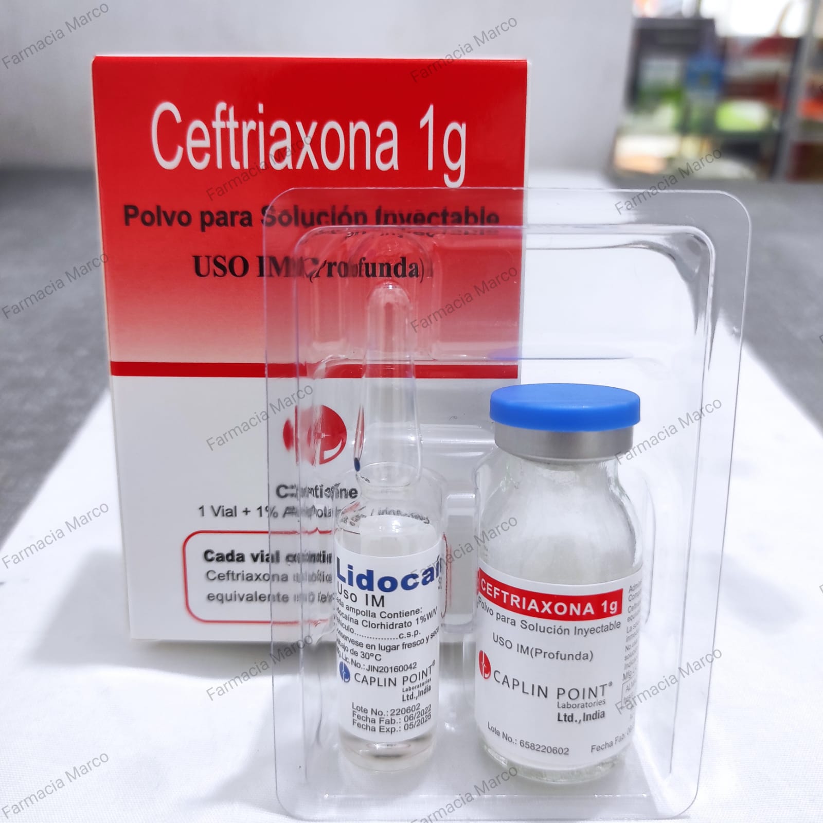 Ceftriaxona 1g vial en polvo + ampolla de Lidocaína Caplin - Farmacia Marcos