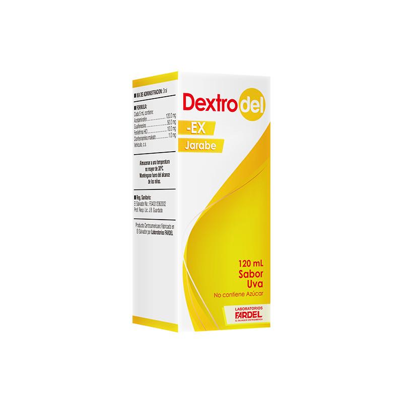 Dextrodel Ex Jarabe 120 ml sabor Uva (Acetaminofén 120mg/Guaifenesina 50mg/Fenilefrina HCI 10mg/Clorfeniramina Maleato 1mg) - Farmacia Marcos