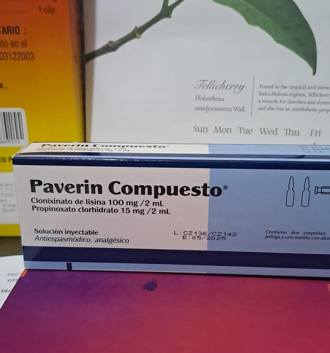PAVERIN COMPUESTO  (Clonixinato de lisina 100mg/2ml, Propinoxato clorhidrato 15mg/2ml)  *Inyectable - FARMACIA NUEVO MILENIO