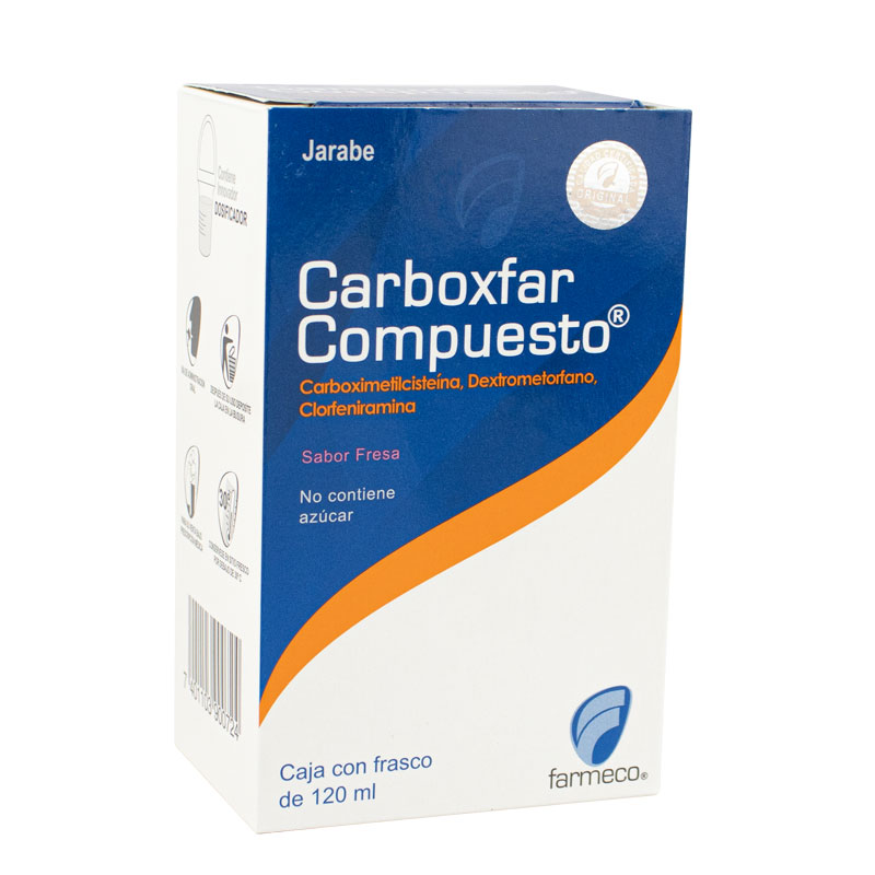 CARBOXFAR COMPUESTO (carboximetilcisteína 150mg, dextrometorfano bromhidrato 5mg, clorfeniramina 2.5mg) *jarabe - FARMACIA NUEVO MILENIO