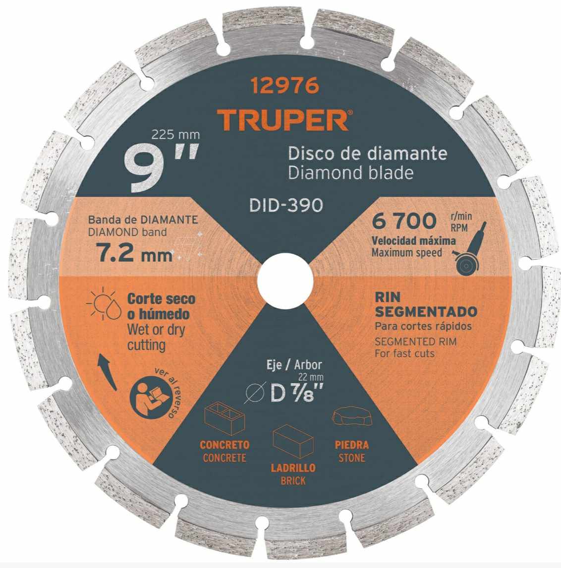 Disco de diamante de 9plg. x 2.7 mm rin segmentado Truper - Ferretería Vásquez