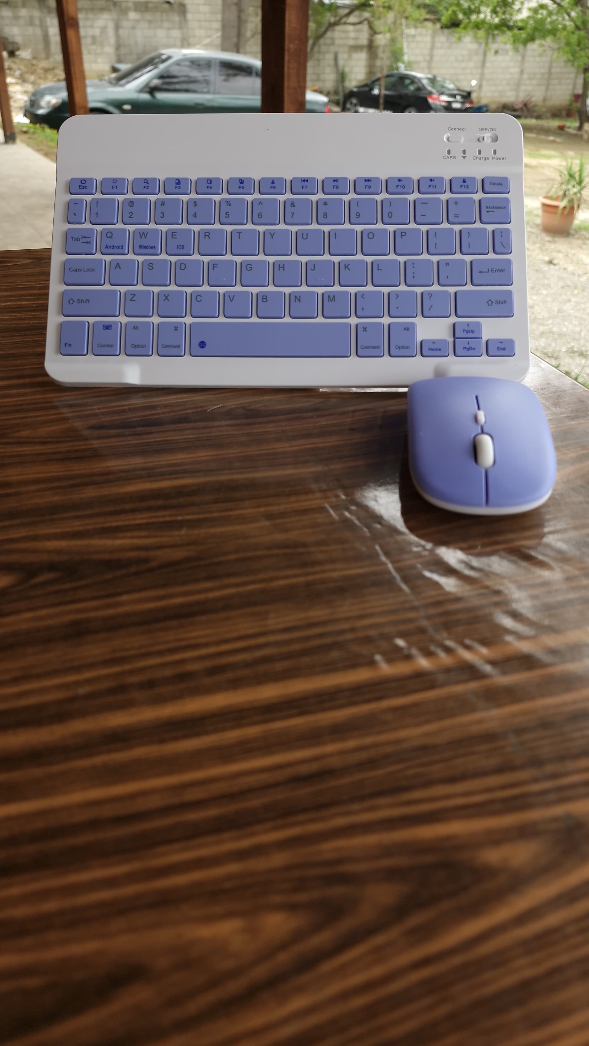 Teclado y mouse inalambrico morado.