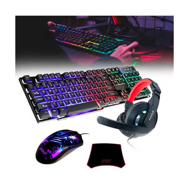 Combo de Teclado AOAS + Mouse + Audífono + Mouse pad Gaming   - Corporación Hightechnology