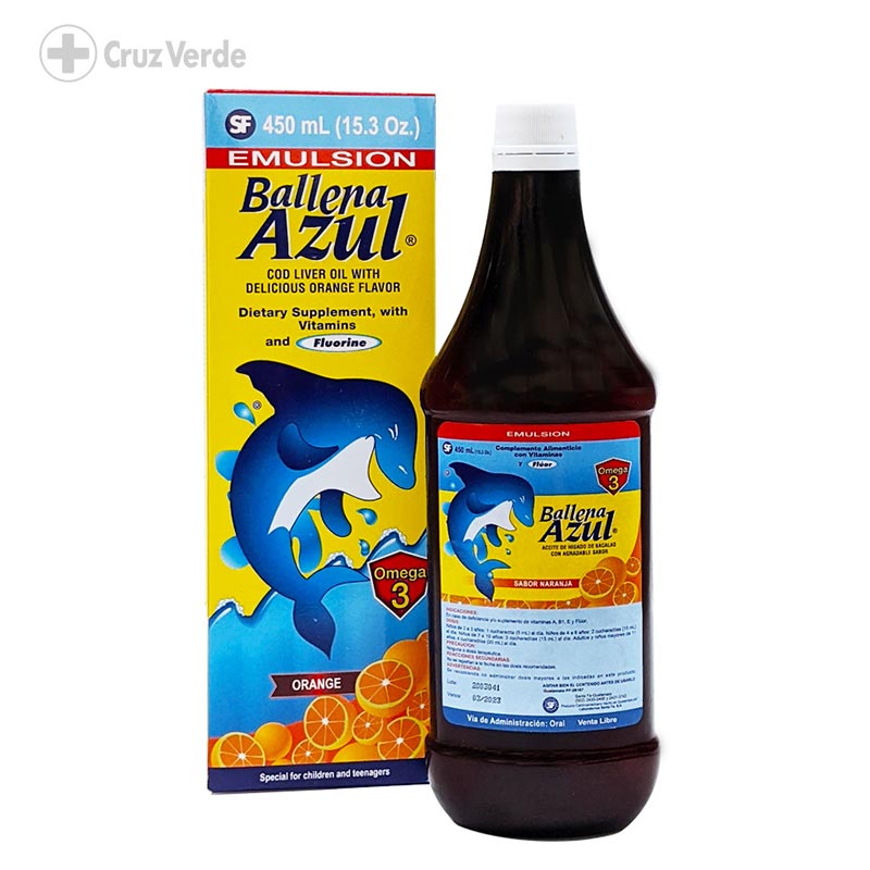 BALLENA AZUL (aceite de bacalao y flour) *jarabe 450ml - FARMACIA NUEVO MILENIO