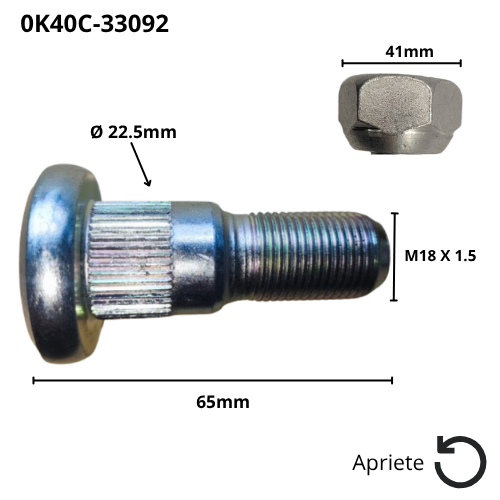 Tornillo/Esparrago izquierdo (22.5mm M18x1.5) 0K40C-33092 Hyundai  - Repuestos y Lubricantes Vicent's