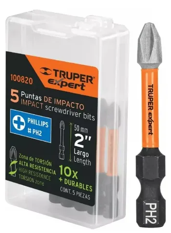 PUNTAS PHILIPS O CRUZ DE IMPACTO PH2 LARGO 2" (100820) POR ESTUCHE 5PZ - TRUPER - MEGA