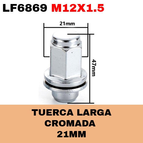 Tuerca Cromada Larga LF-6869 (M12X1.50) Con Roldana Para Aros de Magnecio - Repuestos y Lubricantes Vicent's