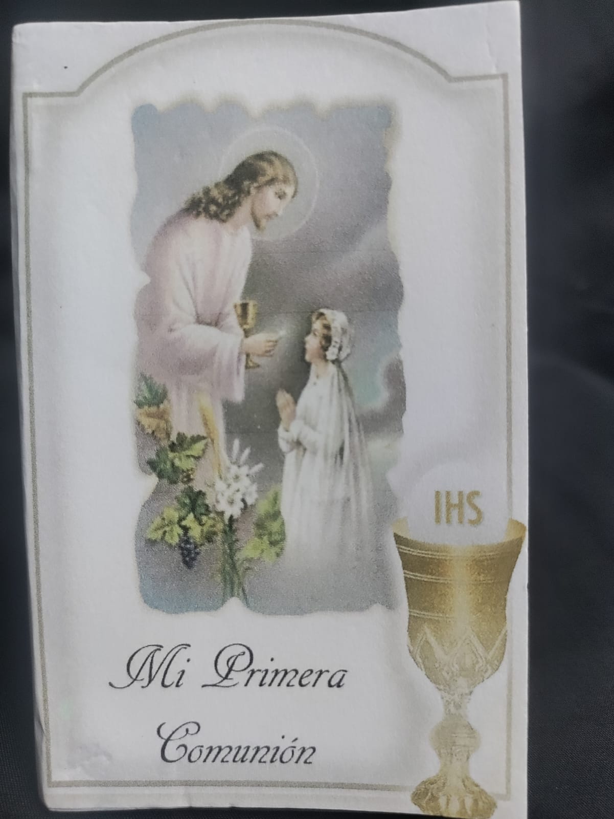 LIBRO DE COMUNION NIÑA JESUS NIÑA VESTIDO BLANCO CAON CALIZ 11 X 17 CM.   - Recuerdos Mary