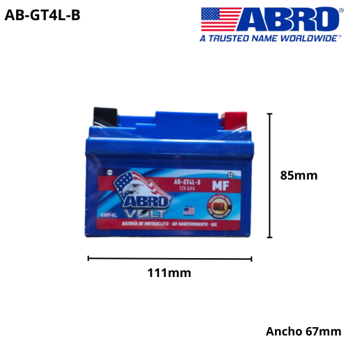 Bateria Moto AB-GT4L-B ABRO (YTX4L-BS) Honda Navi, CRF, Hero - Repuestos y Lubricantes Vicent's